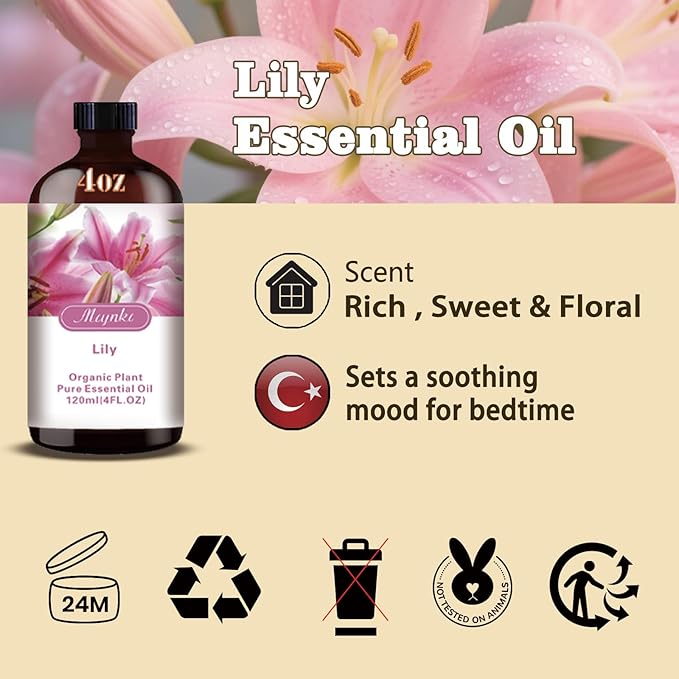 Lily Fragrance Oil-Lily Essential Oil 4.33oz (130ml)-100% Pure Natural Scent for Diffusers, Candles, Soap Making & Aromatherapy-Relaxing Home & Gift Essential Oil for Bath, Massage