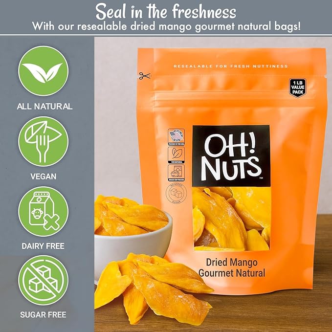 Oh! Nuts Dried Mango Gourmet Natural - 1 lb - Dried Fruit Slices - No Sugar Added - Dehydrated Fruit Bites - Packed in New York Zip-Seal Bag for Exceptional Freshness