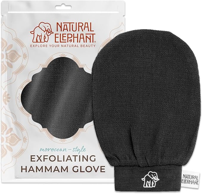 Natural Elephant Exfoliating Hammam Glove | Authentic Moroccan Kessa Body Scrub Mitt for Spa-Quality Skin Renewal | Pure Black Single