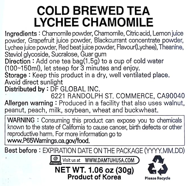 Damtuh Lychee Chamomile Cold Brew Tea - Zero Carbs Zero Sugar, Sweet Cold Tea Beverage with Stevia 30g (20 tea bags)