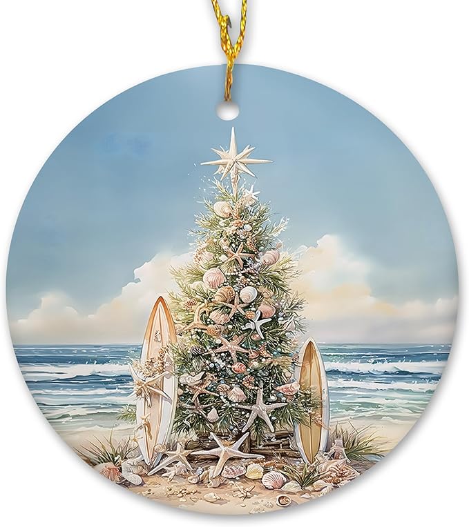 Coastal Beach Christmas Ceramic Ornament Gifts, Ocean Beachy Seashell Christmas Decorative Hanging Ornaments for Xmas Tree Holiday Party Decoration, Coastal Beach Xmas Tree Decorations