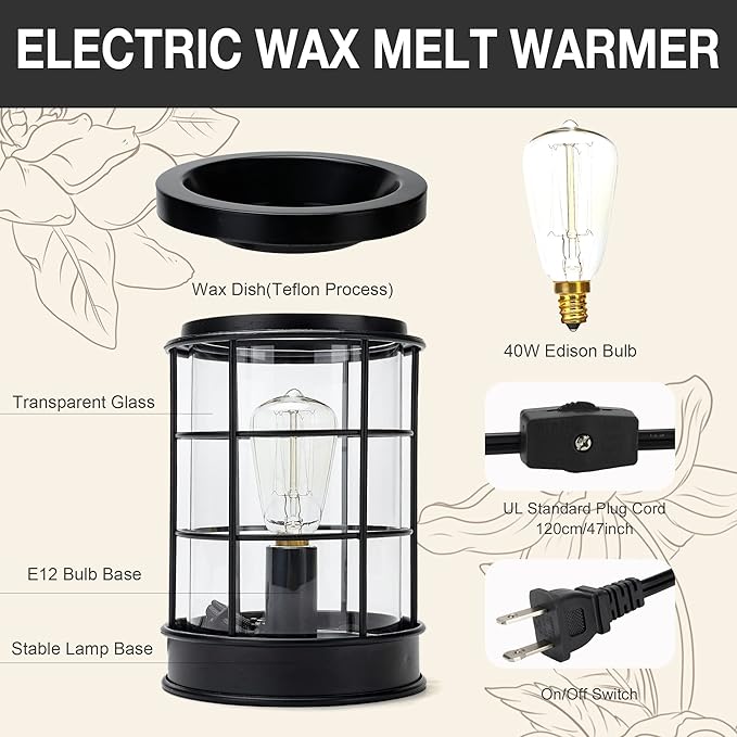 Electric Wax Melt Warmer,Wax Warmer for Scented Wax Melts,Candle Wax Burner Fragrance Warmer and Vintage Light Bulbs,Wax Melt Melter for Rustic Home Decor, Office, Birthday Gifts
