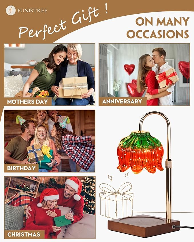 Candle Warmer Lamp with Timer Dimmable, Height Adjustable Birthday Gifts for Women Mom House Warming, Home Decor, Lotus Flower Candle Lamp Warmer 2 Bulbs Inc (Strawberry)