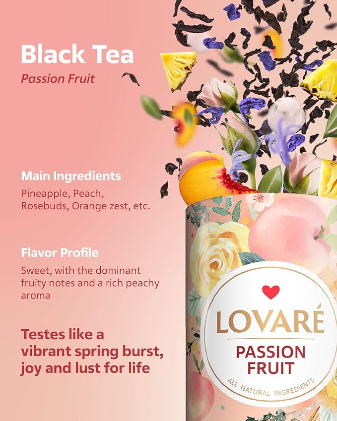 LOVARE Loose Leaf Tea 80 g - Made in Ukraine - Assorted Tea - 1001 Night, Passion Fruit, Sparkling Splashes, Bahamian Soursop - Gift Box with 60 Paper Filters – Easy to Brew Flavored tea