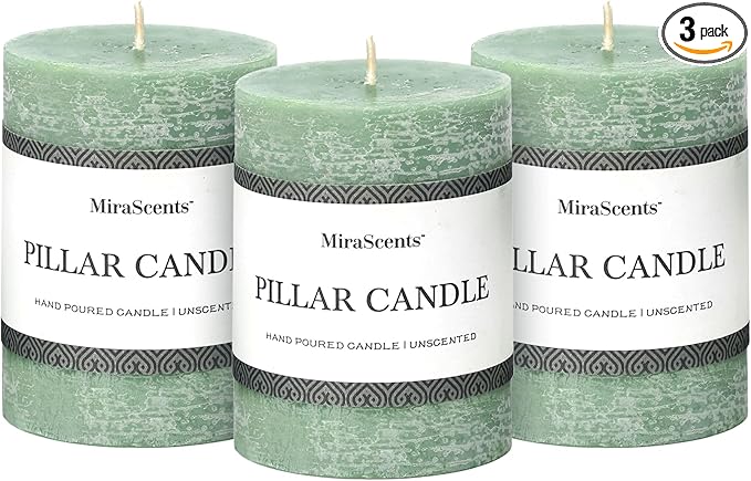 3x4 Inch Sage Green Pillar Candles - Set of 3, Unscented, Long Burning, Smokeless Dripless Candles for Spring Home Decor, Dinner Table, Bathroom, Rustic Decor