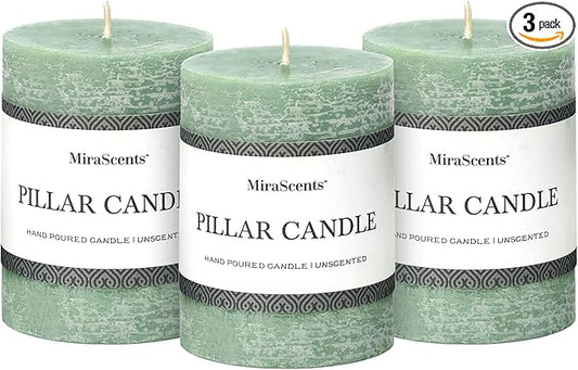 3x4 Inch Sage Green Pillar Candles - Set of 3, Unscented, Long Burning, Smokeless Dripless Candles for Spring Home Decor, Dinner Table, Bathroom, Rustic Decor