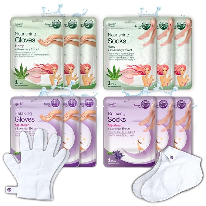 Epielle Relaxing & Nourishing Hand & Foot Masks 12 Pairs, Repair and Relax Dry Hands & Cracked Heels with Lavender Extract & Hemp, Korean Skin Care, Spa Self Care Gifts for Women, 6 Gloves & 6 Socks