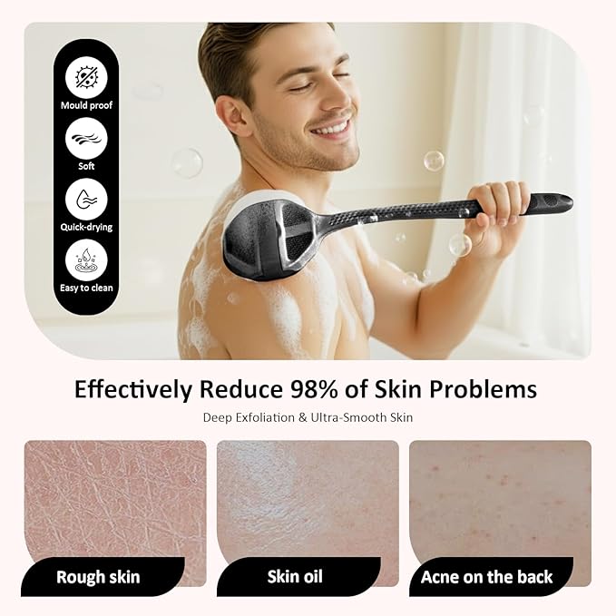 3PCS Extender Handle Set,17in Lengthen Detachable Long Handle Back Brush*1,Silicone Body Scrubber for Gentle Exfoliating and Massage Can Produce Rich Foam*2,Long Handle Back Scrubber for Men (Black)