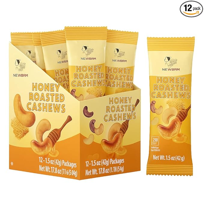 NEWBAM Honey Roasted Cashews – 12 Individual Snack Packs (1.5oz Each) – Sweet Crunchy Nuts, Healthy On-the-Go Protein Snack – Gluten-Free, Made in Vietnam