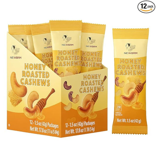 NEWBAM Honey Roasted Cashews – 12 Individual Snack Packs (1.5oz Each) – Sweet Crunchy Nuts, Healthy On-the-Go Protein Snack – Gluten-Free, Made in Vietnam
