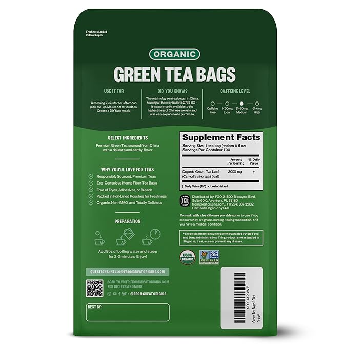 FGO Organic Green Tea, 100 Count Eco-Conscious Tea Bags, Caffeinated, Resealable Pouch, Packaging May Vary (Pack of 1)