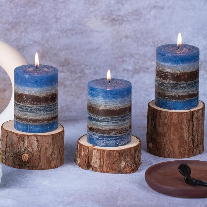 KONNI Blue-Coffee Layered Pillar Candles Set of 3, 3"x 4" Unscented Pillar Candles Bulk, 39 Hours Long Burning Candle, Smokeless & Dripless Round Candle for Wedding, Home Decor, Party, Spa, Dinner