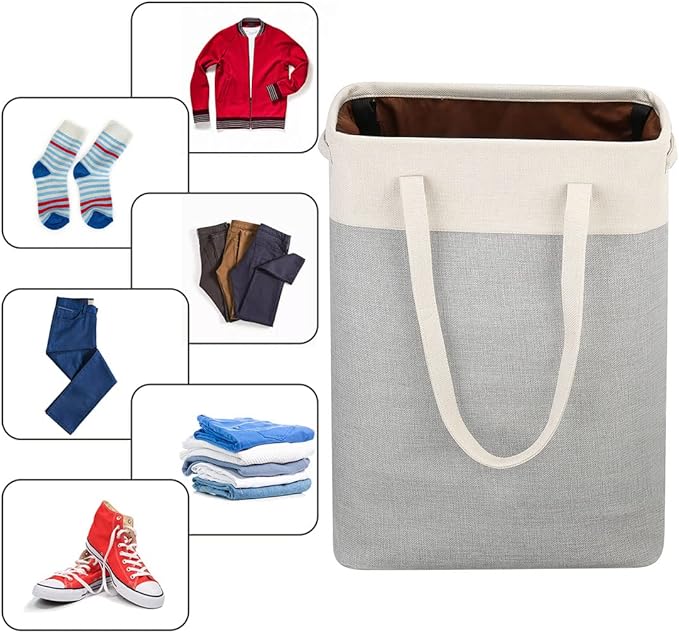 i BKGOO Laundry Basket with Handles Beige&Silver Slim Laundry Bin Collapsible Dirty Clothes Basket Narrow Laundry Bag Foldable Dirty Hamper for Camping, Dorms, Apartments