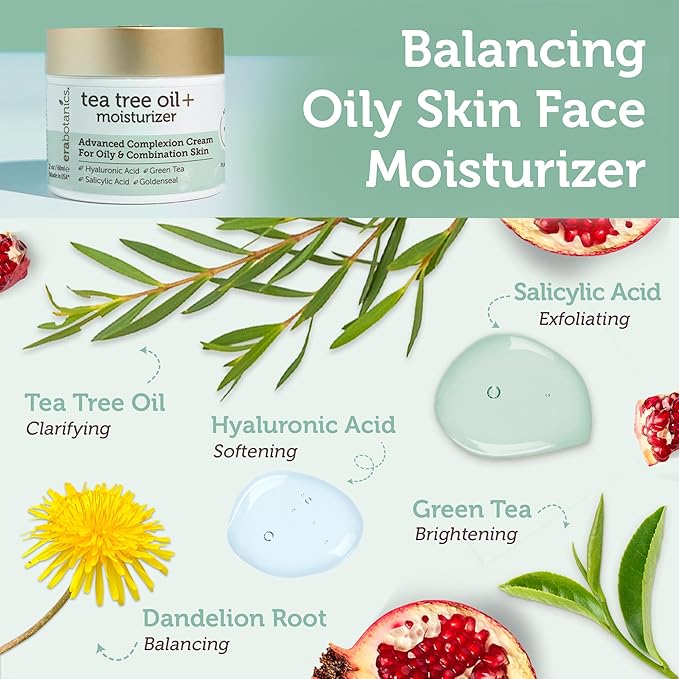 Era Organics Tea Tree Cream Face Moisturizer for Oily Skin - Advanced 7X Balancing Oily Skin Moisturizer - Non-Greasy Moisturizer - Tea Tree Oil for Skin