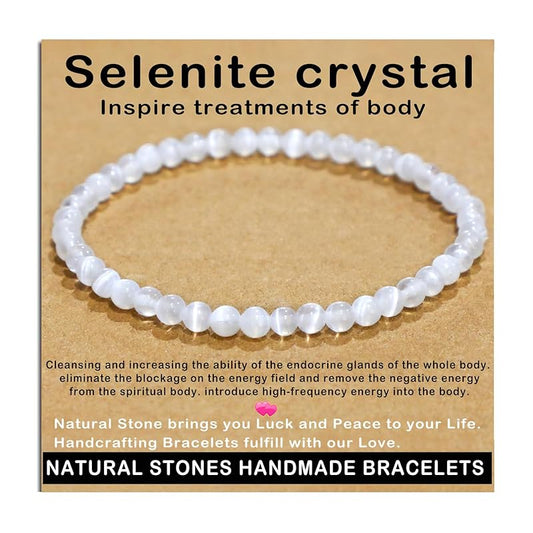 AD Beads Handmade Gemstone Stretch Elastic Bracelet Crystal Healing Reiki Nature's Beauty and Spiritual Essence Unisex (4mm, Selenite Crystal (Inspire treatments))