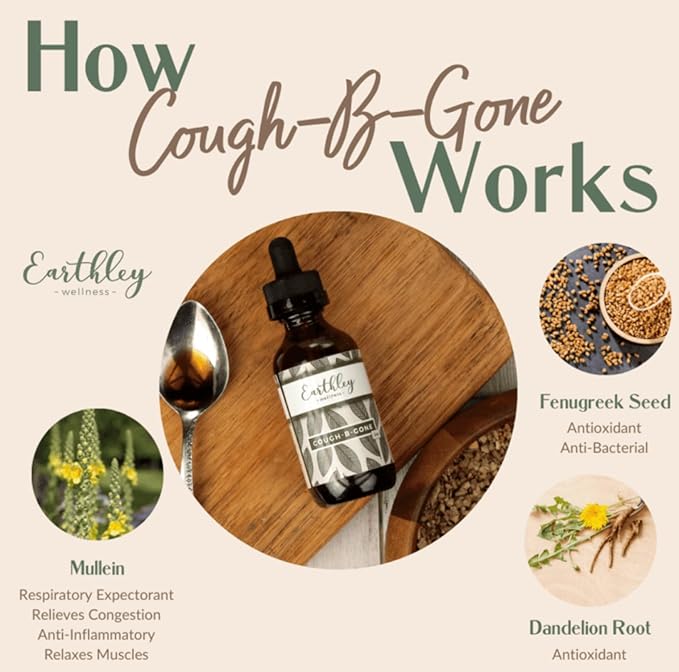 Earthley Wellness, Cough-B-Gone, Alcohol-Free Herbal Tincture for Kids & Adults (6 Months+), Cold and Cough Remedy, Soothes Sore Throats, Promotes Lung Health, and Detoxification (2oz, Kids)
