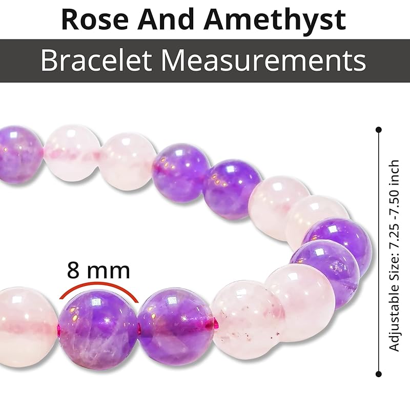 Amethyst, Rose Quartz Bracelet, Natural Healing Crystal Bracelet for Women and Men, 8mm Round Beaded Bracelet for Spiritual, Protection, Positive Energy, Elastic Adjustable Size Gemstone Bead Bracelet