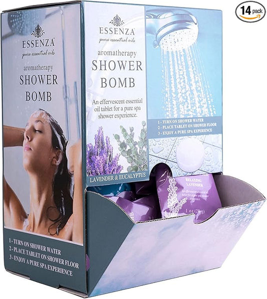 Essenza Shower Bombs 14pc Bin - Revitalizing Eucalyptus & Relaxing Lavender Aromatherapy Luxury Shower Bombs - Height 8.125” Width 5.5” Depth 4.125” Weight 1.31 Lbs - 14 Pc Collection