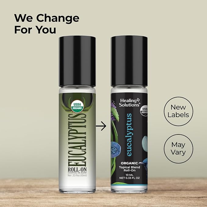 Healing Solutions (2 Pack) USDA Certified Organic Eucalyptus Essential Oil Roll-On Set - Rub on Chest and Breathe, for Skin