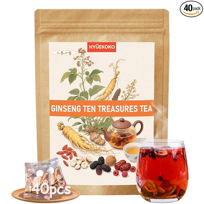 40 Bags Ginseng Ten Treasures Tea, Caffeine-Free Natural Ingredients Herbal Tea Bags, No Additives, Kidney Tea for Men & Women