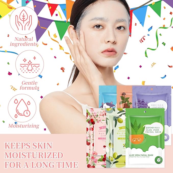 6 Sheets Face Masks Skincare for All Skin Types, Spa Party Facial Mask Skincare, Moisturize Sheet Masks Skin Care,Hydrating Face Masks Suitable for Sensitive Skin, Facial Mask for Women Skin Care
