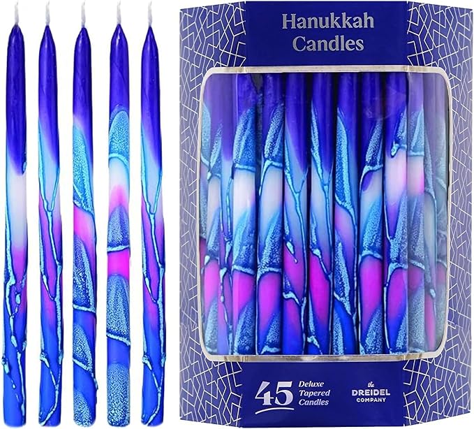 Dripless Hanukkah Candles Blue and Pink Multi Splash, Premium Tapered Hand Decorated (5-Pack)