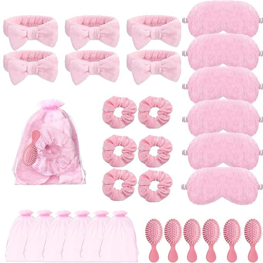 30 Pcs Sleepover Party Supplies for Women Slumber Party Supplies for Girls Spa Favor Headband Eye Mask Hair Scrunchies Comb Toiletry Bag(Pink)