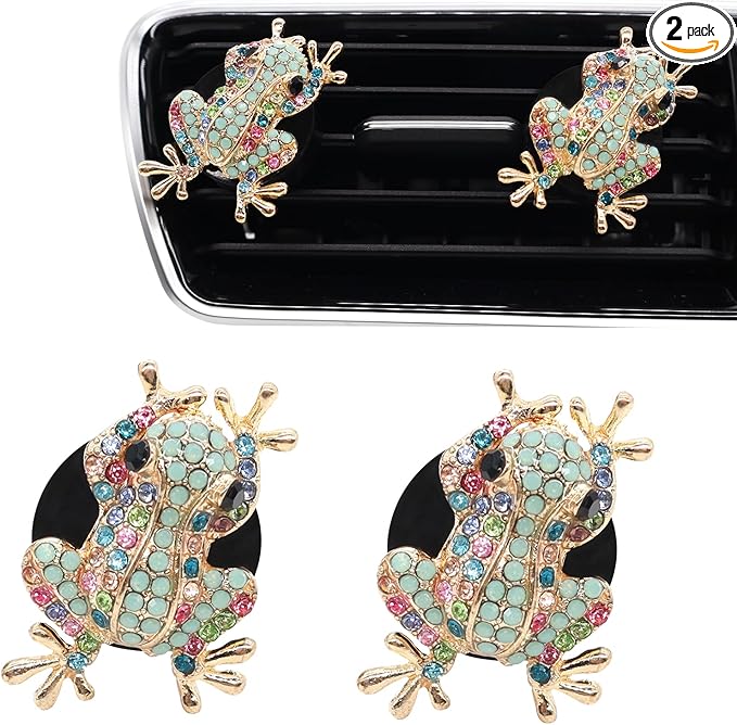 Frog Car Decor,2pcs Tree Frog Car Air Freshener Vent Clips,Cute Dashboard Decorations for Women Teens,Refillable Outlet Diffusers,Alloy Coloful Rhinestones Charm