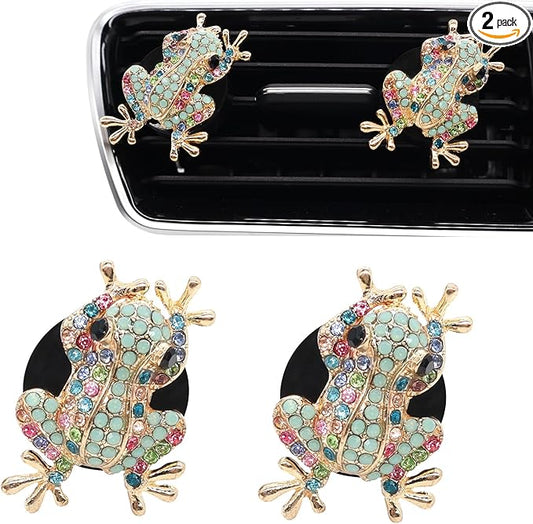 Frog Car Decor,2pcs Tree Frog Car Air Freshener Vent Clips,Cute Dashboard Decorations for Women Teens,Refillable Outlet Diffusers,Alloy Coloful Rhinestones Charm