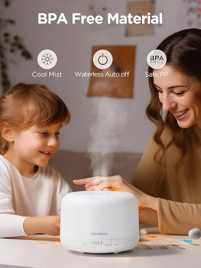 InnoGear 500ml Essential Oil Diffuser with Remote Control, Premium Ultrasonic Aromatherapy Diffusers Scent Humidifier Vaporizer Auto-Off Timer for Large Room Home, Basic White