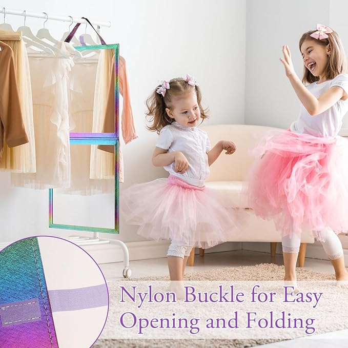 Chunful Foldable Backstage Mirror with Handle Holographic 33.5 X 13.4 Inch Folding Hanging Mirror Rectangular for Travel Dance Bag Home Fitness Spa Gift for Dancers(Colorful)