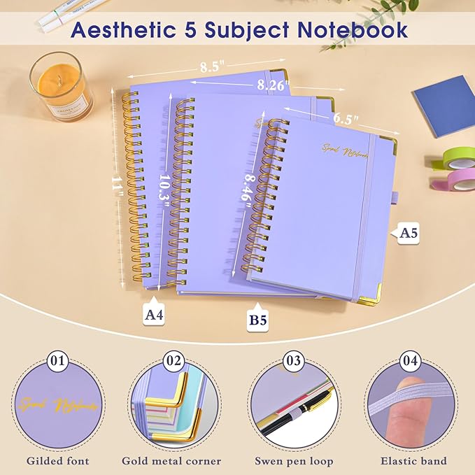 Hardcover Spiral Notebooks for Work, 5 Subject Notebook College Ruled with Dividers Tabs, 8.5" x 11" Lined Notebook Journal for Women, A4 Large Notebooks for School Note Taking, 240 Pages Purple