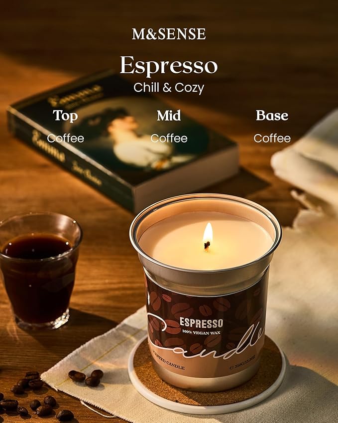 M&SENSE Espresso Candles Black Coffee Scented, 12.3oz Plant-Based Soy Wax 75 Hours Non Toxic Clean Burn, Stress Relief Aromatherapy Gifts for Coffee Lovers, Cozy Winter Holiday Home Decor