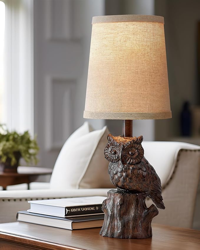 14.25" Small Table Lamp for Living Room Farmhouse Bedside Resin Single Lamp with Brown Owl Lamp Shape for Bedroom Retro Rustic Nightstand Lamp