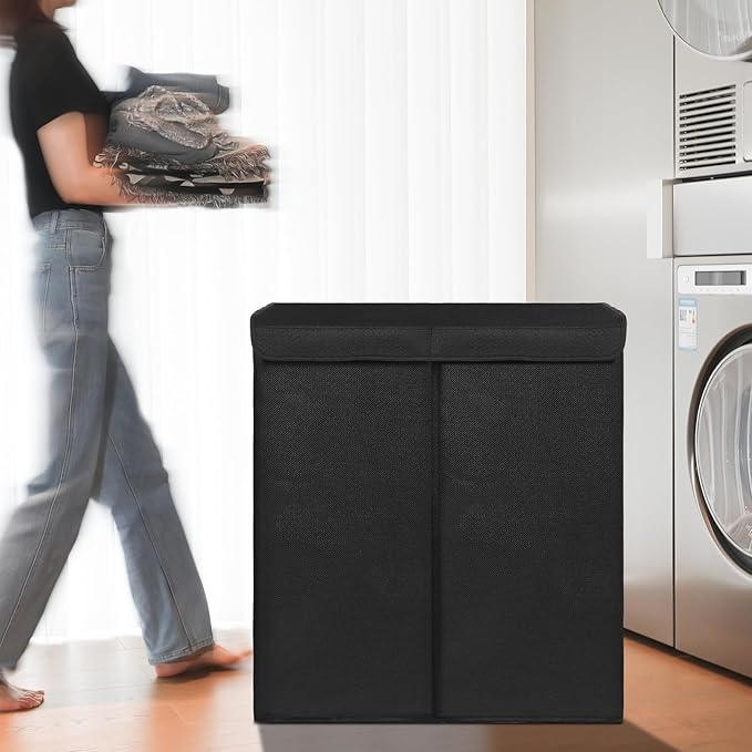 DOKEHOM 150L Double Laundry Basket with Lid and Removable Laundry Bags, Large Collapsible Laundry Hamper with 2 Sections for Bedroom, Bathroom, Laundry Room, Colloge (Black)