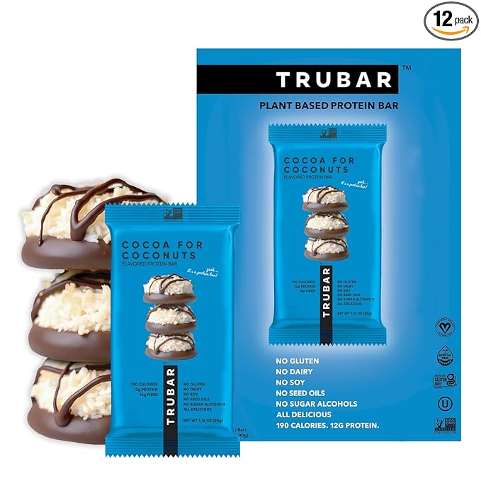 TRUBAR Vegan Protein Bar, Cocoa For Coconuts, Gluten Free, Plant Based Protein, Dairy Free, Non GMO, Soy Free, No Sugar Alcohols, 12G Protein, 12G Fiber, 23G Carb, On the Go Snack Bars, 12ct
