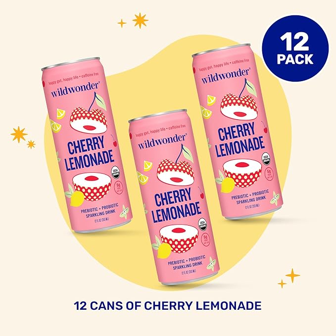 NEW! wildwonder Sparkling Probiotic Drink 12pk, For Gut Health & Immune Support, Cherry Lemonade, 5g Prebiotic Fiber, Live Probiotics, Organic, Vegan, Low Sugar, 12 Pack, 12oz Can, Seen on Shark Tank