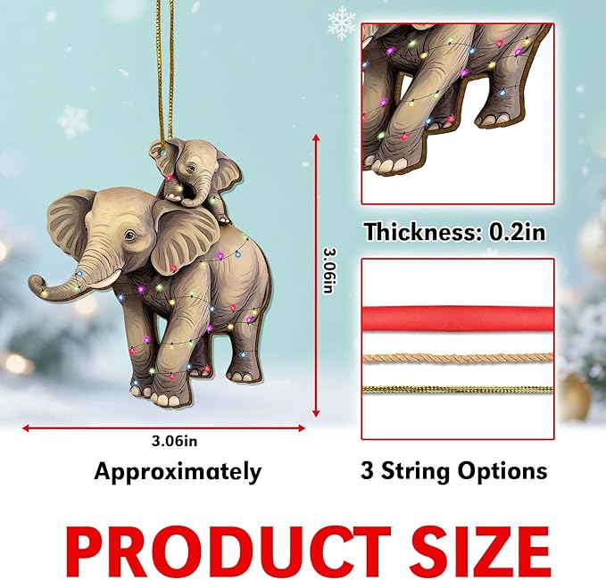 2 Side Printed Elephant Wooden Christmas Ornaments, Keepsake for Women, Men and Friends, Elephant Family Christmas Tree Ornaments, Animal Christmas Tree Decorations