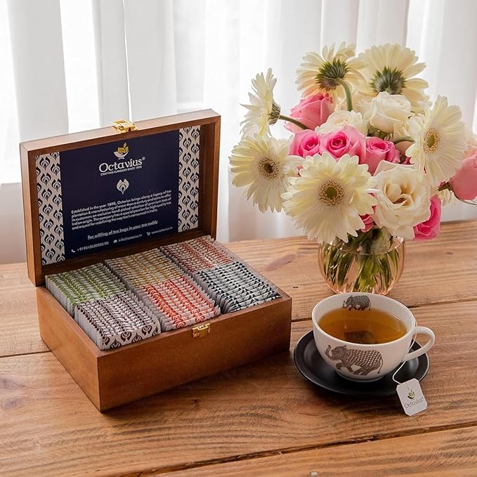 Octavius Gift's Select - Assorted Tea in Lotus Printed Wooden Box | 6 Flavors, 90 Tea Bags | Black & Green Tea | Tea Gifts for Women & Men | Tea Variety Pack