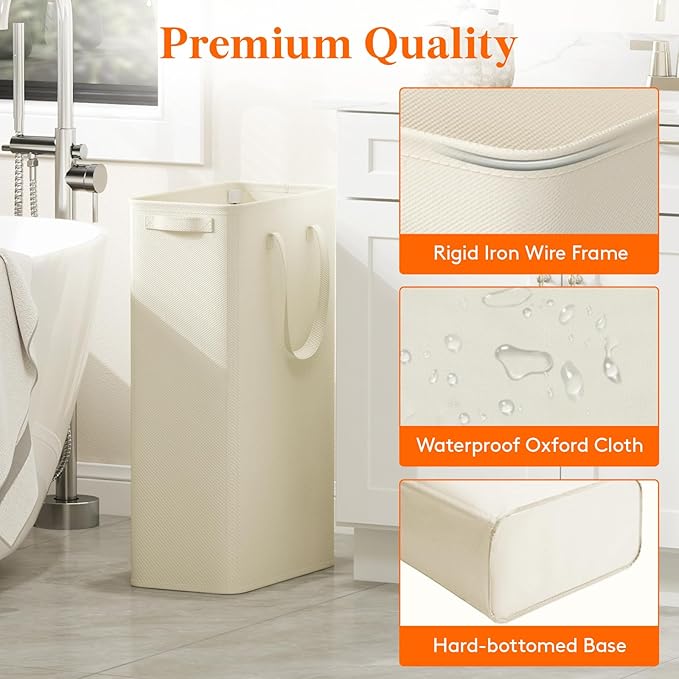 Lifewit 2 Pack Slim Laundry Hamper, Collapsible Narrow Laundry Basket, Small Tall Dirty Clothes Hampers with Handles for Bathroom Bedroom College Dorm, White, 65L