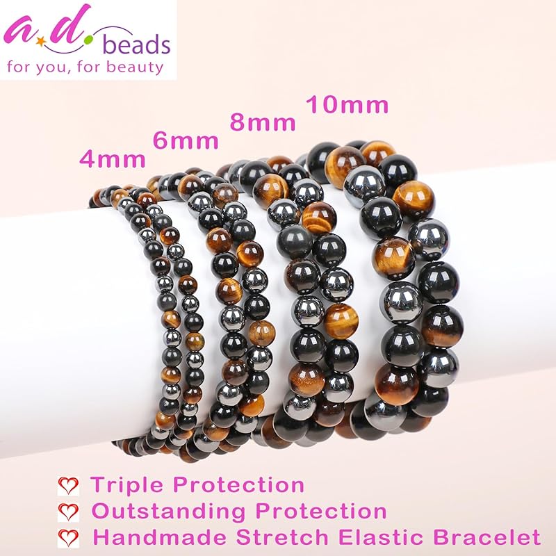 AD Beads Handmade Gemstone Stretch Elastic Bracelet Crystal Healing Reiki Nature's Beauty and Spiritual Essence Unisex (10mm, Triple Protection (Strong Protect))