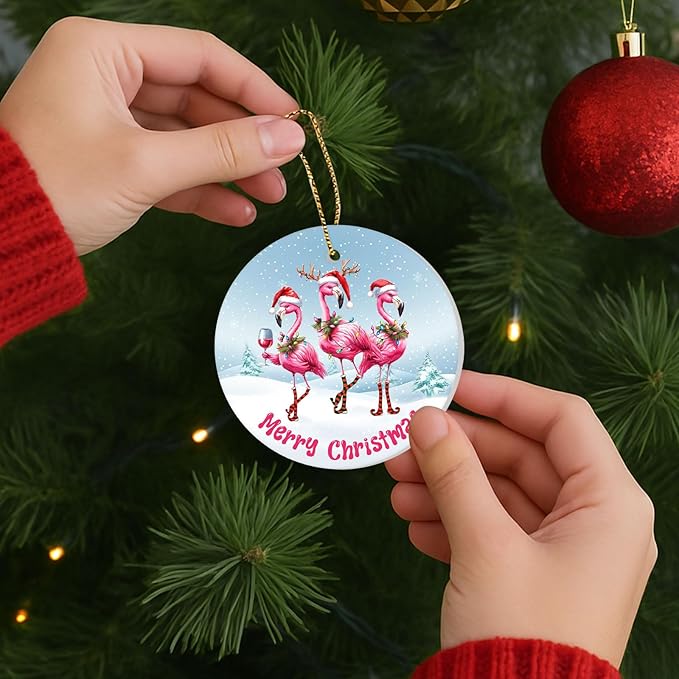 34HD Flamingo Christmas Ornament Ceramic 2-Side Printed, Flamingo Gifts for Men Women, Christmas Hanging Decorations