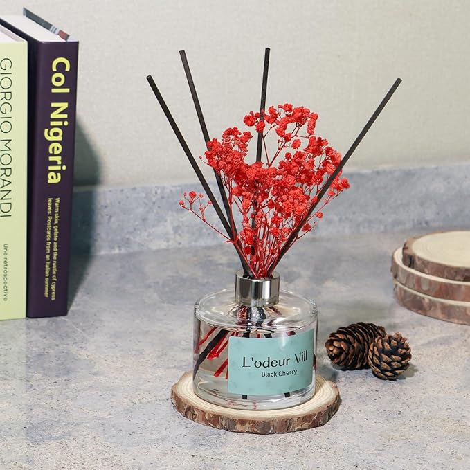 L'odeur Vill Reed Diffuser Set - Black Cherry Scented Home Fragrance, 6.7 oz (200ml) with 6 Oil Diffuser Sticks for Large Rooms and Bathroom Decor