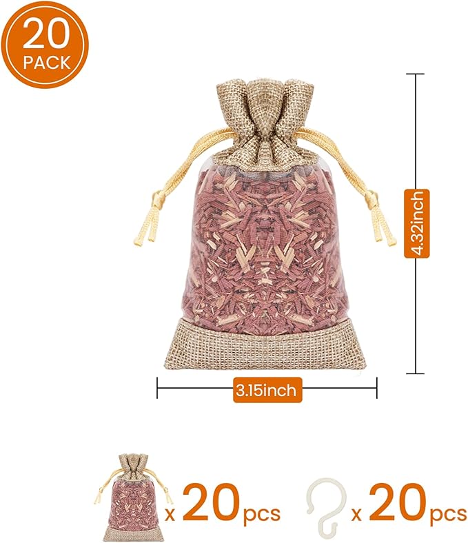 Homode Cedar Sachets for Clothes Storage, Pack of 20 Cedar Chips for Drawers and Closets, Aromatic Cedar Shavings Bags, Red Cedarwood Pouches for Shoes