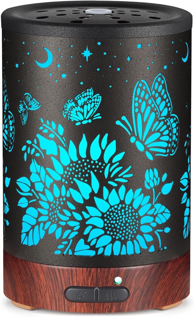Essential Oil Diffuser- Aromatherapy Diffuser with7 Colors Light, and Auto-Off -Metal Cool Mist Humidifier for Home and Office（Sunflower + Butterfly）…