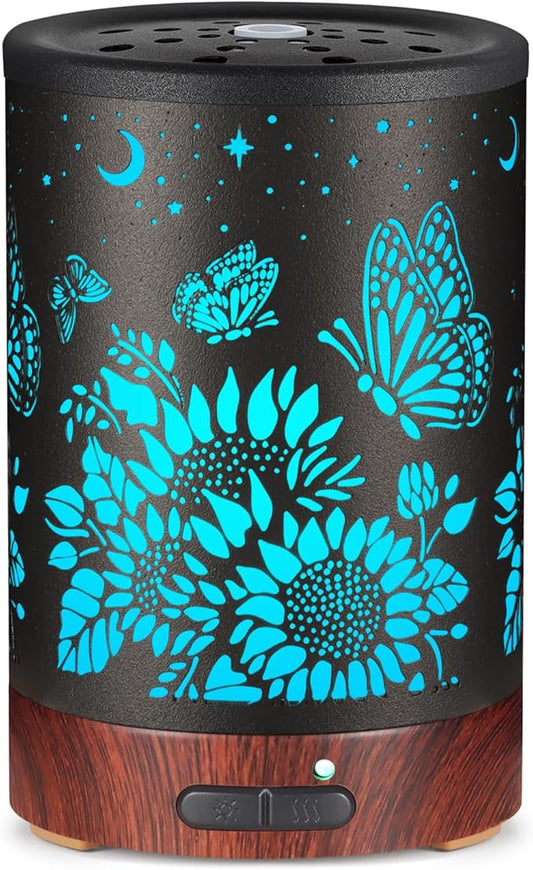 Essential Oil Diffuser- Aromatherapy Diffuser with7 Colors Light, and Auto-Off -Metal Cool Mist Humidifier for Home and Office（Sunflower + Butterfly）…