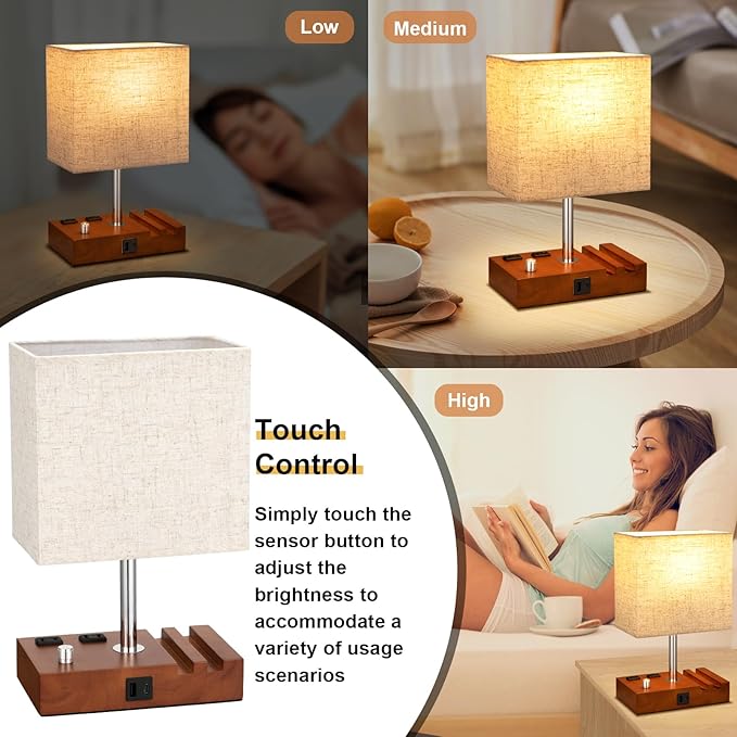 Kakanuo Fully Dimmable Nightstand Lamp for Bedroom with USB C Ports, Small Bedside Table Lamp with Charging Outlets and Phone Stands, Vintage Wooden Desk Lamp for Living Room, LED Bulb Included