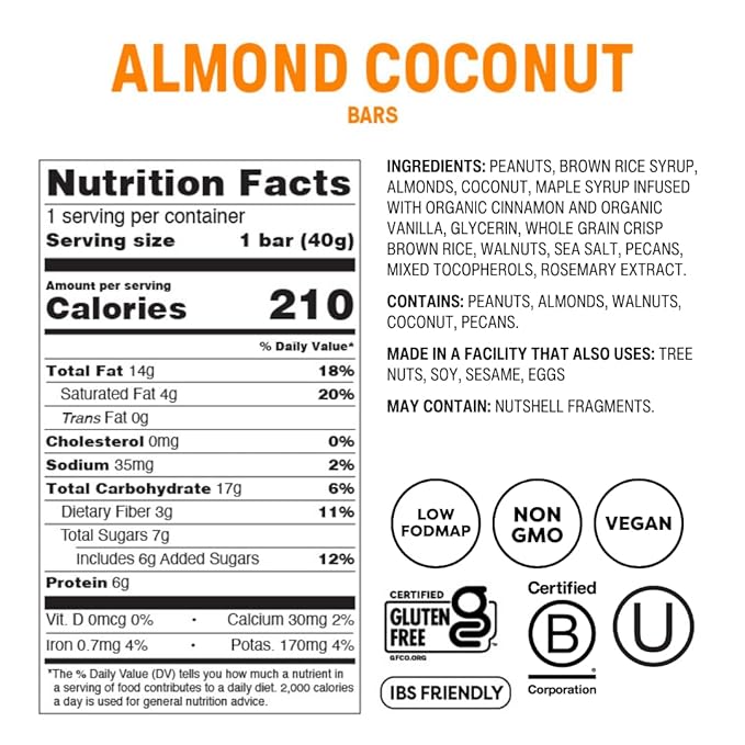 Fody Foods Snack Bars, Almond Coconut, 1.41 Oz (Pack of 12), 6g Protein, Low FODMAP, Gut & IBS Friendly, Vegan, Lactose Free, Non-GMO, Gluten Free