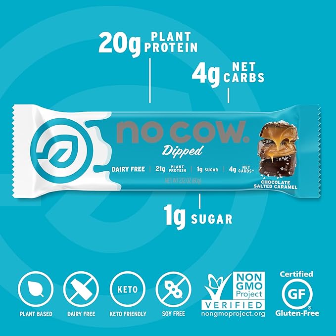 No Cow High Protein Bars, Chocolate Salted Caramel - Healthy Snacks, 20g Vegan Protein, High Fiber, Low Sugar, Keto Friendly, Dairy & Gluten Free (12 Count)