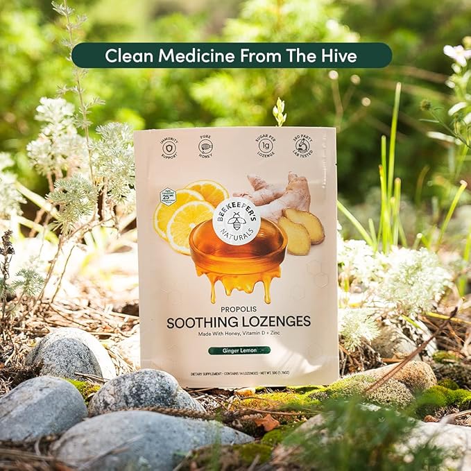 Beekeeper's Naturals Soothing Honey Ginger Lemon Cough Drops - Immune Support with Vitamin D, Zinc and Propolis Throat Soothing Lozenges, 14 Ct